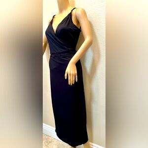 Black spaghetti strap wrap tie midi cocktail club party work dress medium